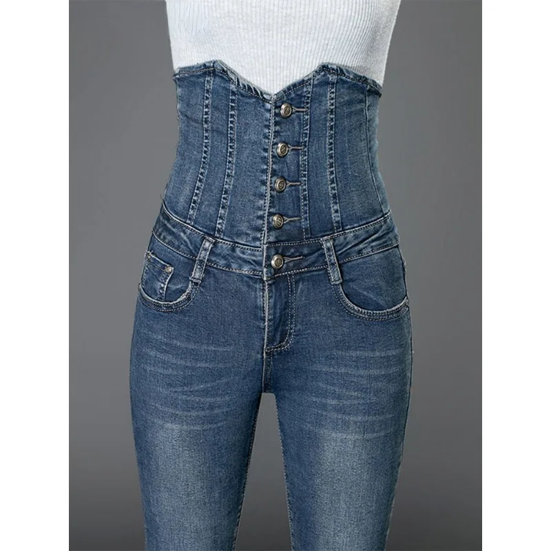 

Sexy Super High Waist Skinny Pencil Jeans Women Streetwear Button Fly Denim Pants Korean Stretch Vaqueros Pantalones N230