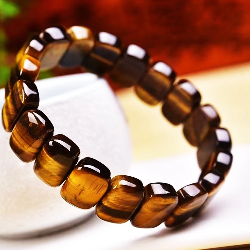 Natural Tiger Eye Stone Square Bracelets Handmade Reiki Healing Meditation Bangles Elastic Rope Stone FengShui Couple Jewelry