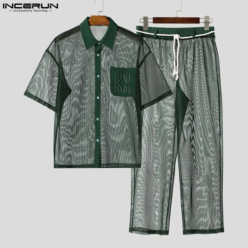 Set da uomo Mesh Patchwork See Through Camicie e pantaloni sexy a maniche corte Set da due pezzi Streetwear 2025 INCERUN Abiti casual da uomo