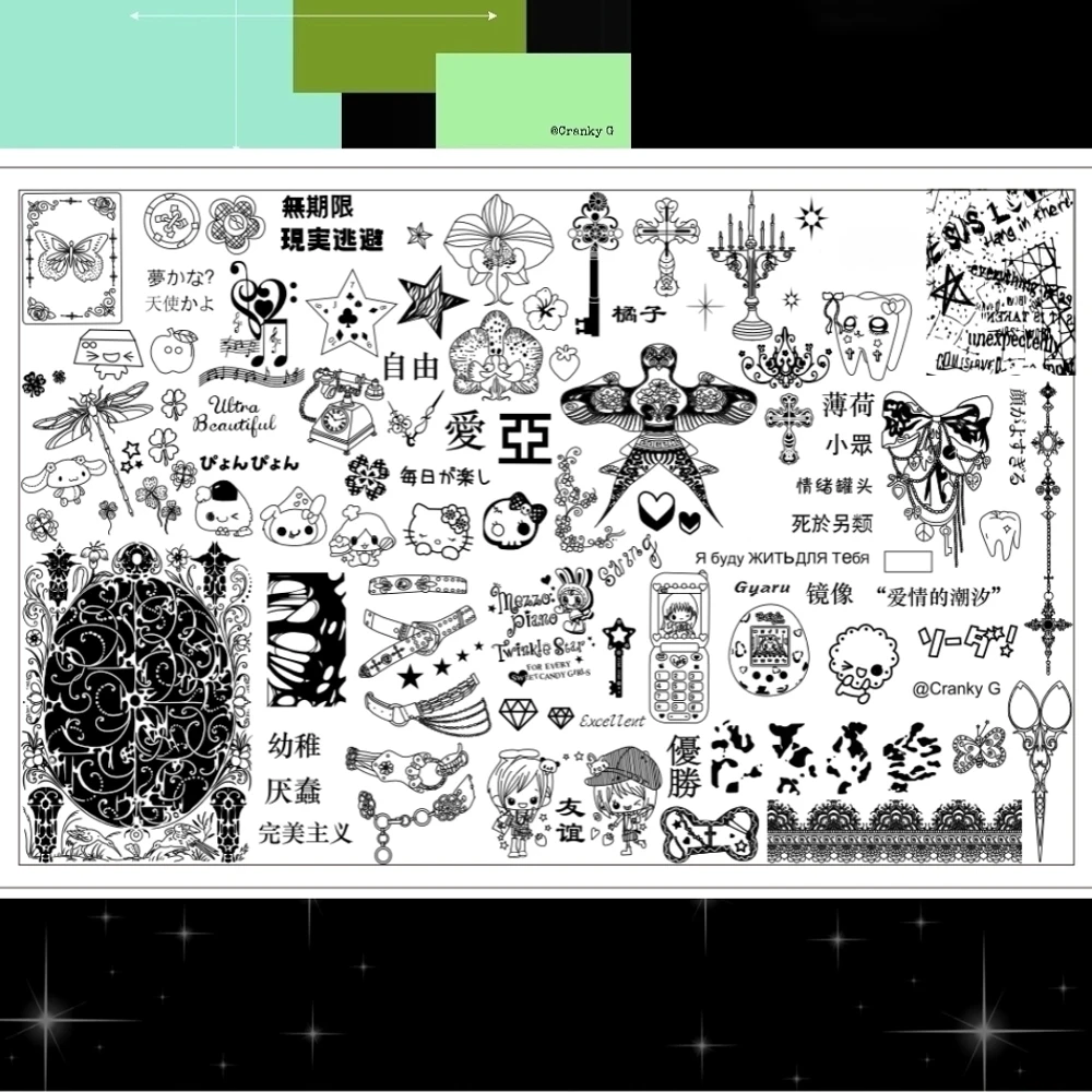 

Y2K Multiple Style Stitching Anime Hello Kitty Nail Art Template Kite Mobile Phone Key Four-Leaf Clover Nail Printing Stencils