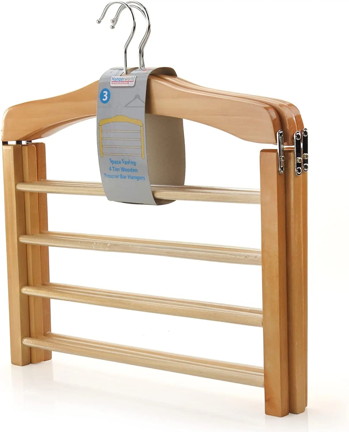 3 Pack of Wooden Trouser Hangers - Multifunctional 4 Tier Clothes Storage Organiser with Non Slip Bars