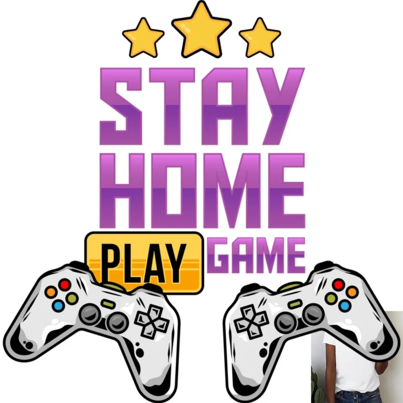 Trendy Gaming - Themed Heat - Transfer White Ink Iron - on Patch, Gamepad & 'STAY HOME PLAY GAME' Pattern, Suitable for T -