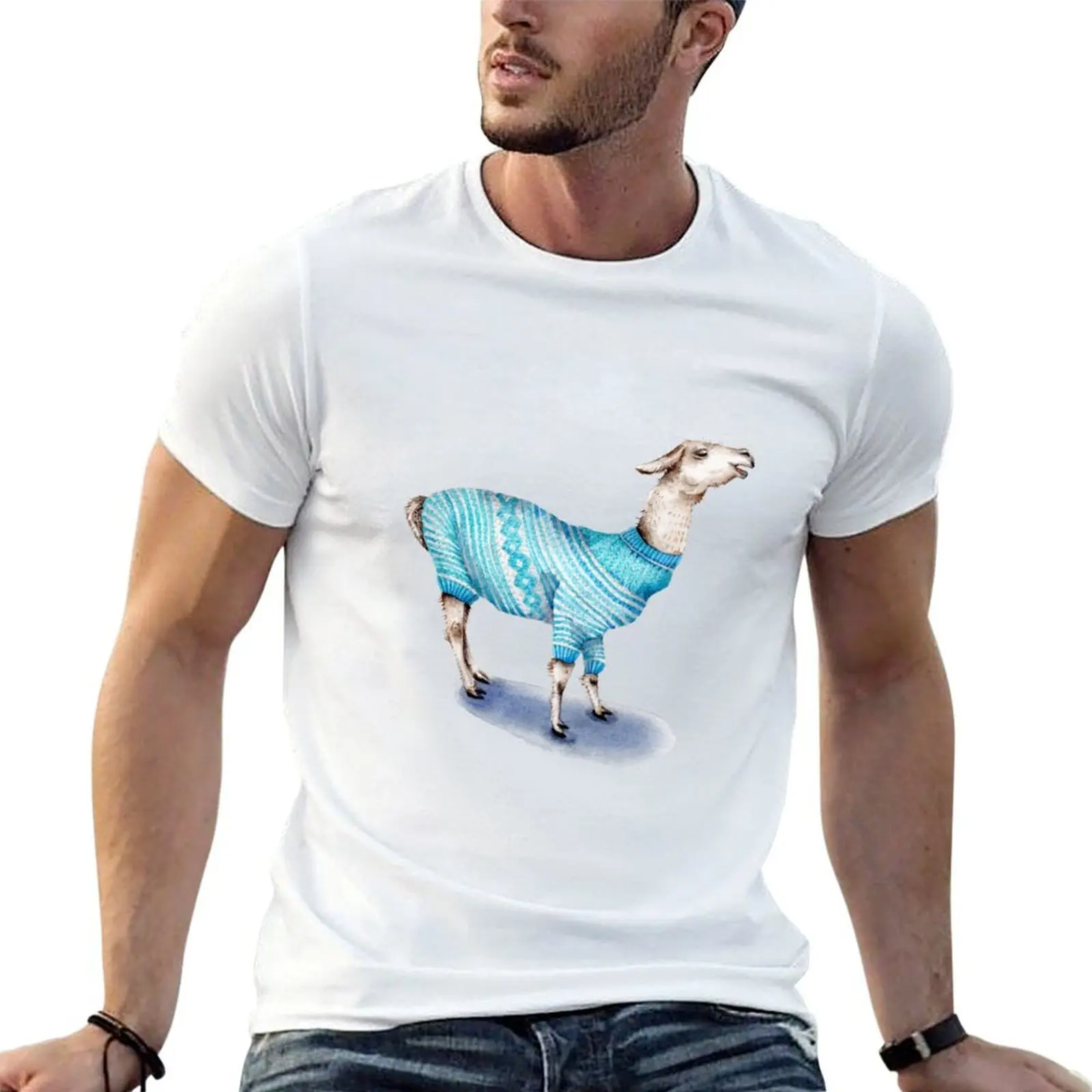 

Llama in Blue Sweater T-Shirt essential t shirt t shirt men 100% cotton luxury brand T-Shirt
