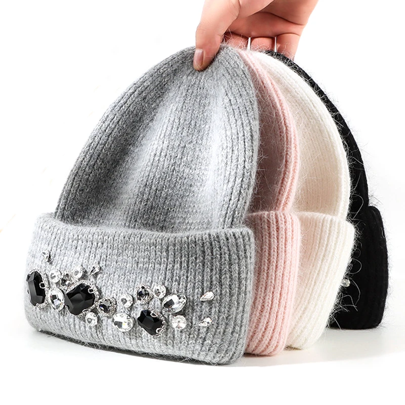 Luxury Beanie Hat for Women Winter Hat Knitted Rabbit Fur Skullies Hat Warm Bonnet Cap Female Hats for Girl