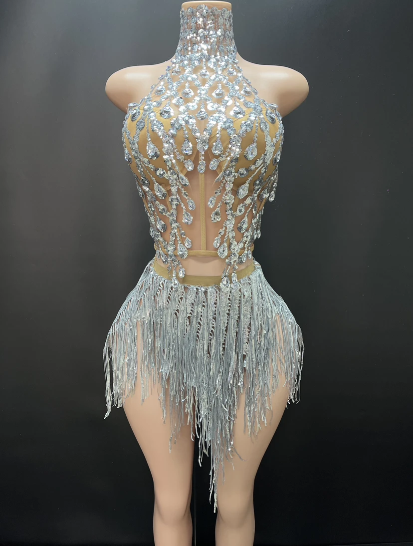 Shining Rhinestone Tassel Dress Sexy Women Elastic Mesh Net Perspective Crystal Dress Singer Stage Costumes Latin Dance Dress