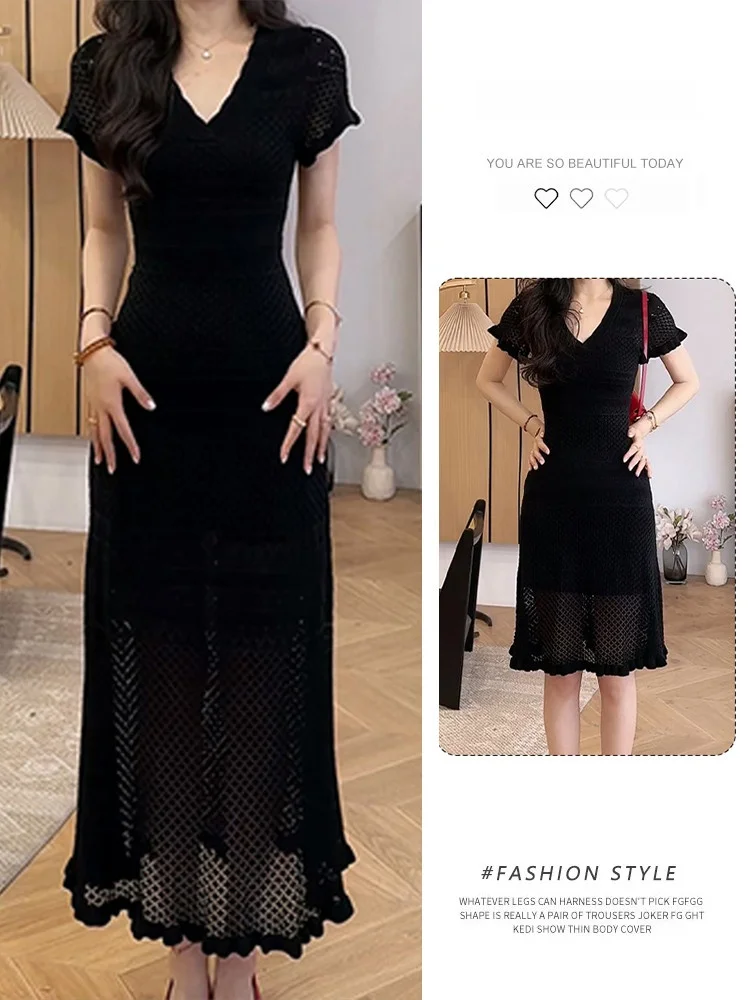 

Slimming Knitted Hollow out V-Neck Dress Fashionable High Waist A-Line Skirt Polyester Fiber Short Sleeve Zipper Closure