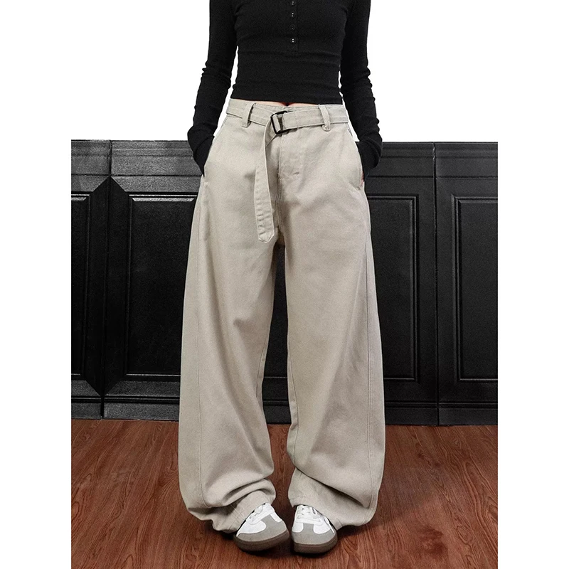 

ZHIZOU Women Apricot Gothic Cargo Jeans Oversize American Wide Leg Pants Vintage 2000s Harajuku Baggy Y2k Denim Trousers Clothes