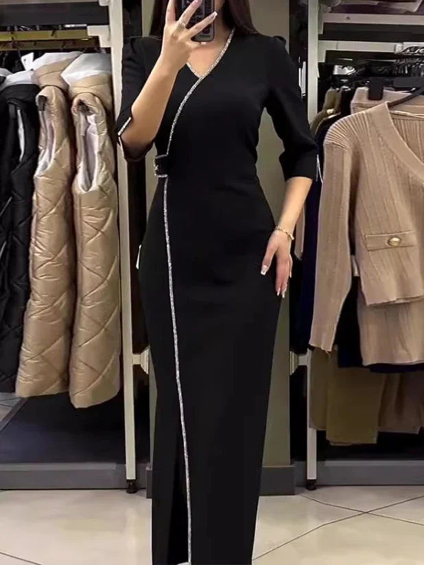 Dress Women Black Party Long Dresses Diamond V Neck Full Sleeve Split Elegant Splice Hot Drilling Vestidos Night 2024 Spring