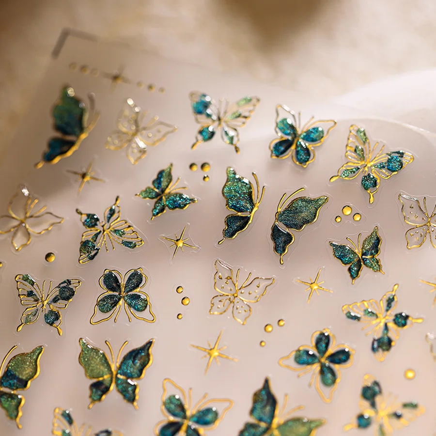 Gold Stamped Blue Green Glitter Butterfly 3D Jelly Self Adhesive Nail Art Stickers Polarized Illusion Manicure Decals Wholesale