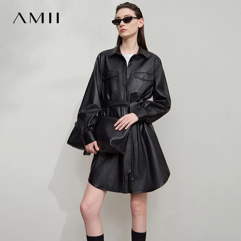 

Amii женская кожаная куртка 2021, осенняя новинка, современная женская одежда в стиле ретро, свободная кожаная куртка с длинными рукавами и поясом, женская 12553042