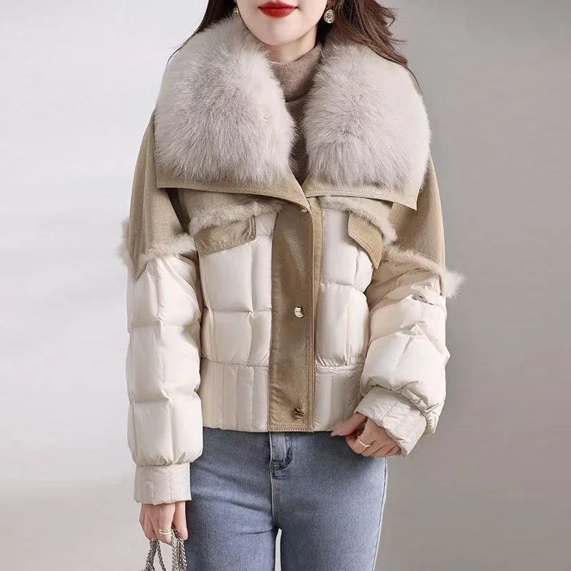 

Women's fur down jacket 2024 new short jacket natural fox fur collar white goose down sheepskin fabric fur coat