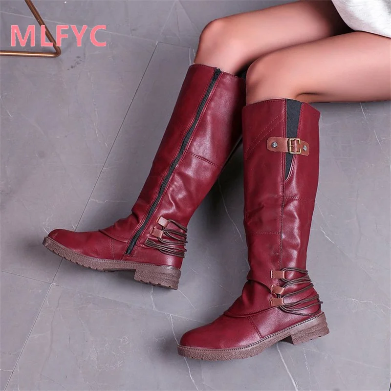 Botas de vaqueiro redondo para mulheres, botas com zíper, joelho alto, ao ar livre, moda, inverno, designer