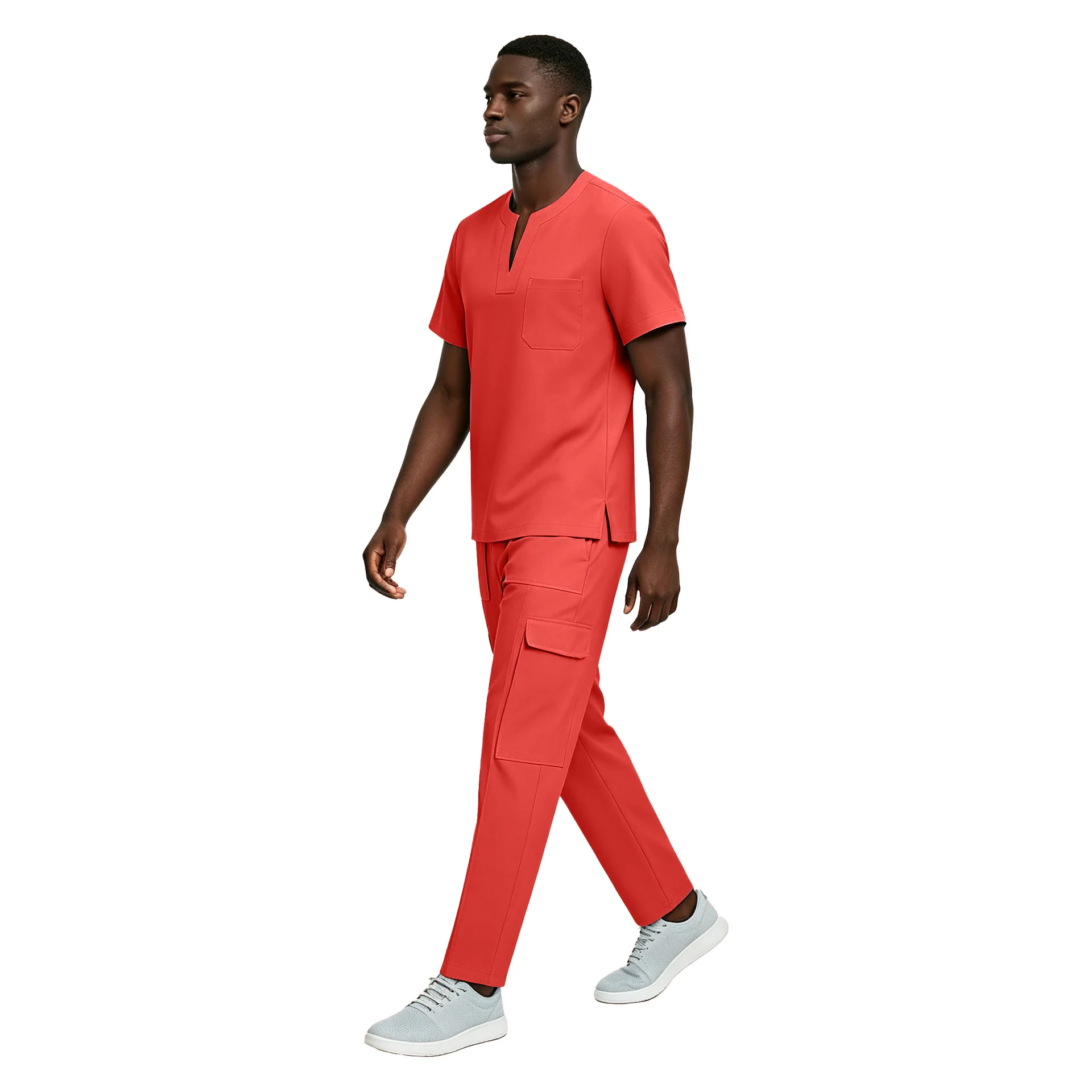 Men s Simple Small Open Collar  Workwear Set Drawstring Elastic Waist Tooling Pants Comfortable Uniforms