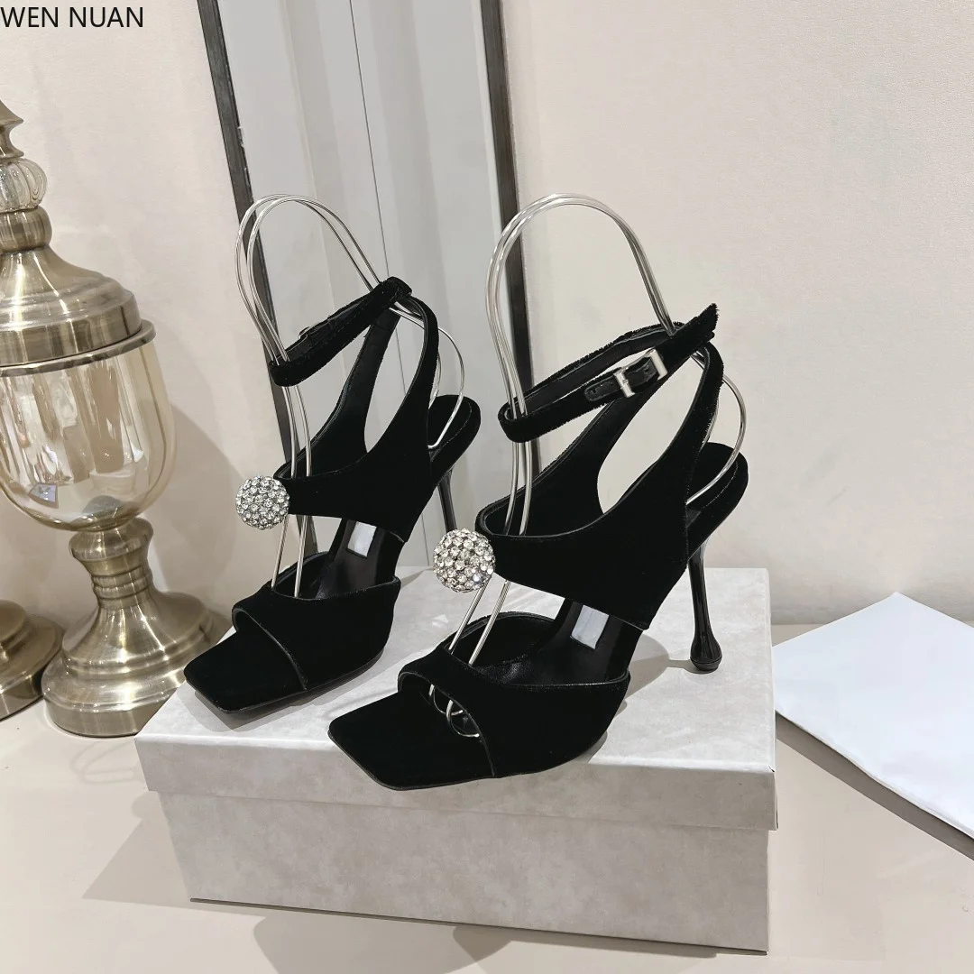 Summer new style women's cool shoes, stylish single-strap buckle square-toe slip-on sexy shoes with fine heels