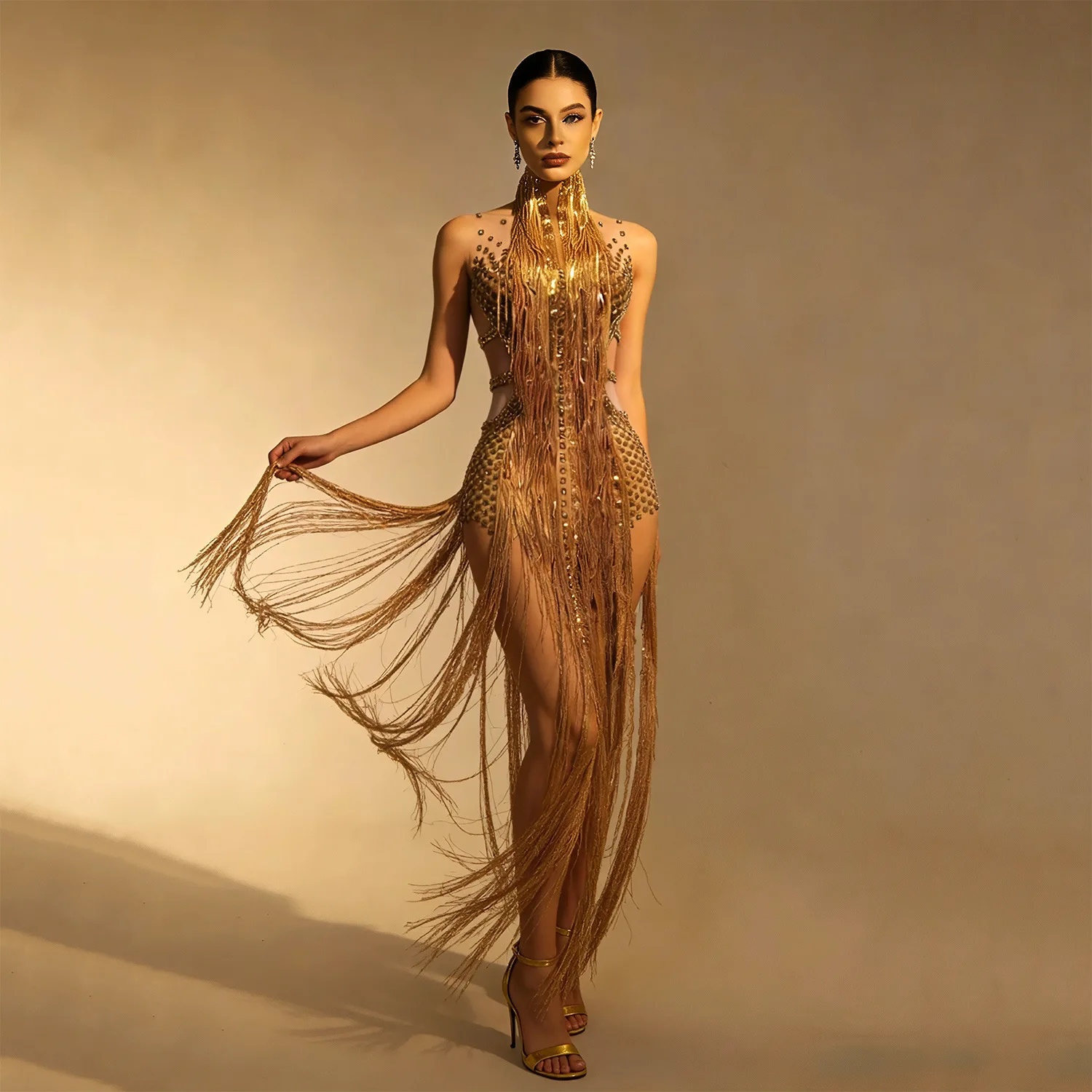 

fashion dress sequin tassel sexy mesh See through fringe birthday party wedding performance Latin pole dance drag queen clothing