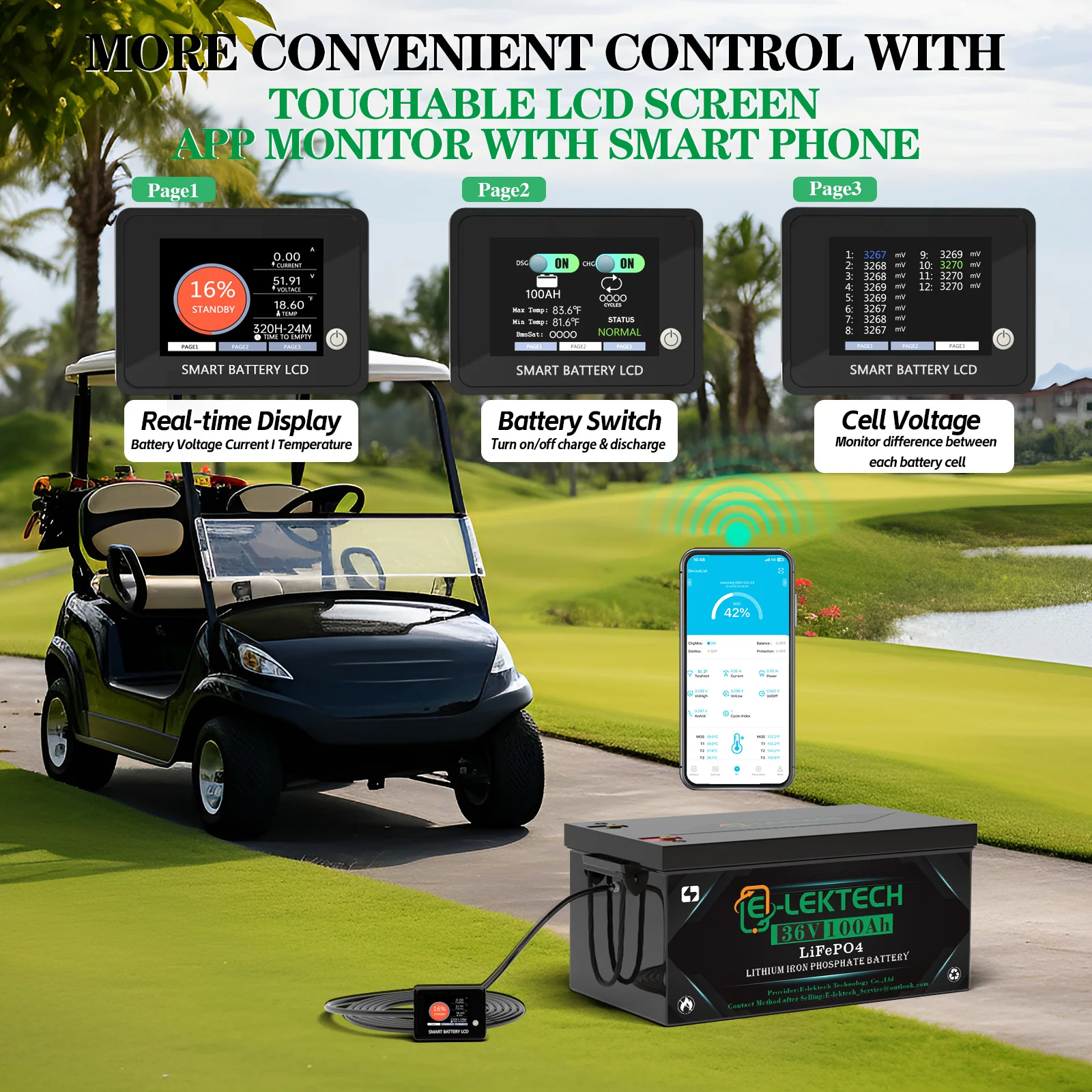 E-LEKTECH 36V 100Ah LiFePO4 Lithium Battery Built-in Full Protection BMS Deep Cycle Storage Battery For Golf Cart RV Yacht Off-Grid Solar Power