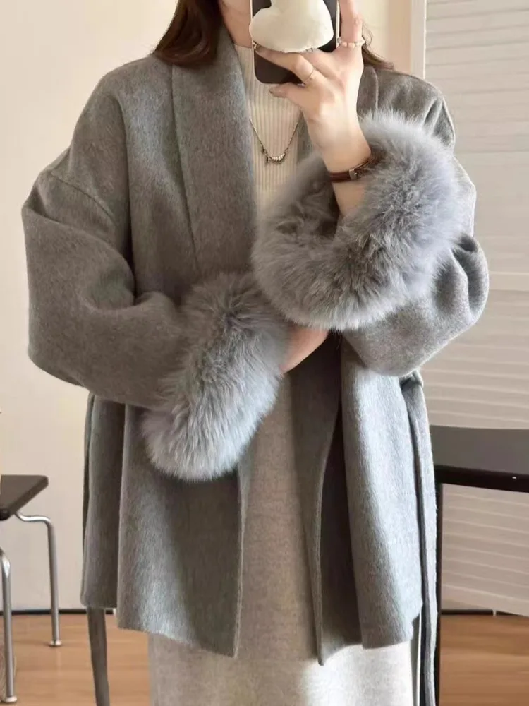 DFDG معطف صوفي قصير برباط من الكشمير للنساء بمزاج الموضة لخريف وشتاء 2024 مجموعة جديدة #4