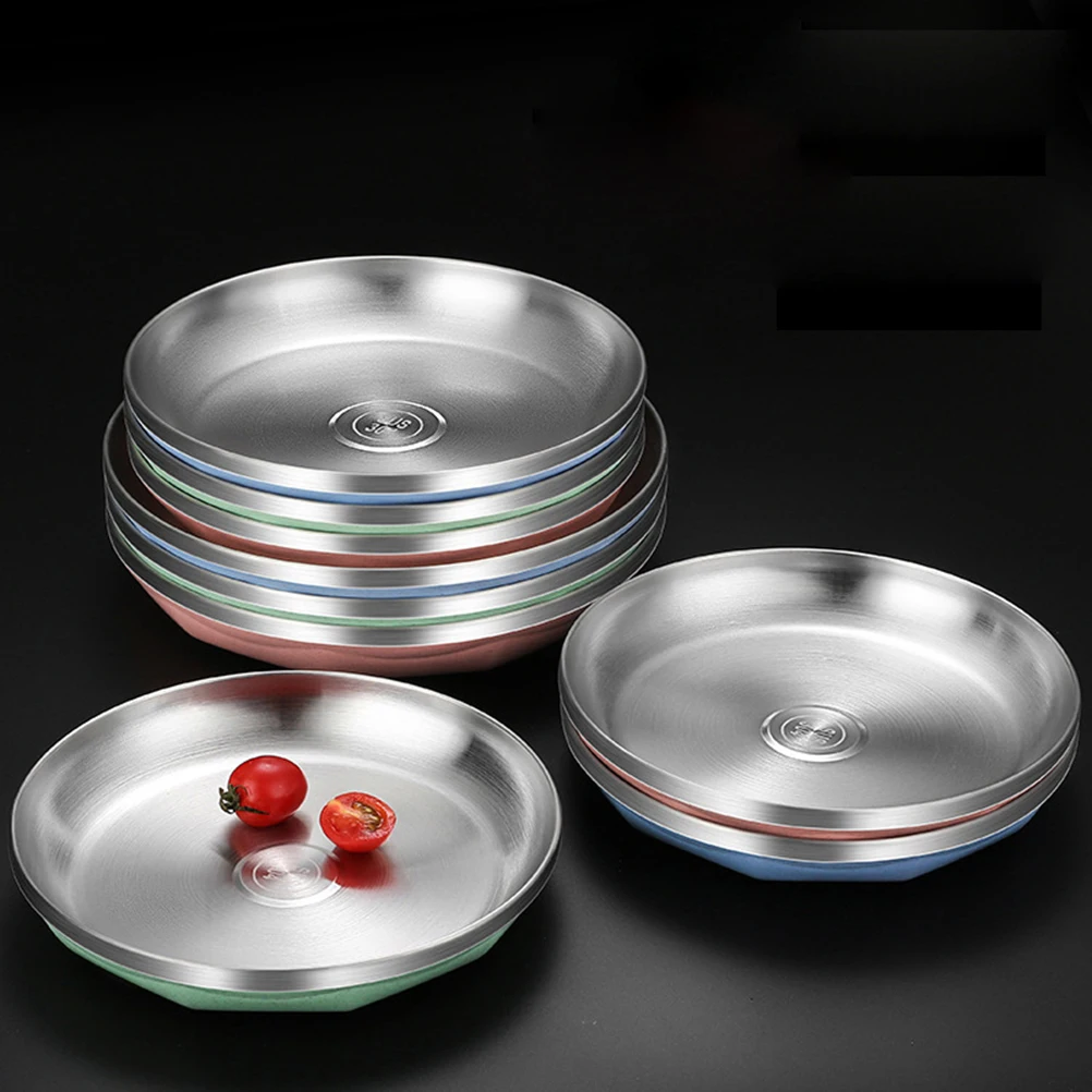 

1pc Round Stainless Steel Plate Heat Resistant Food Dish Green Lightweight BBQ Use Household Practical