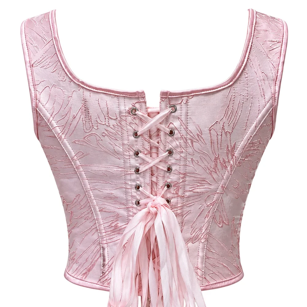 Women Chinese Style Satin Corset Top Frog Button Tie Strap Back Lace Up Waist Cincher Bustier