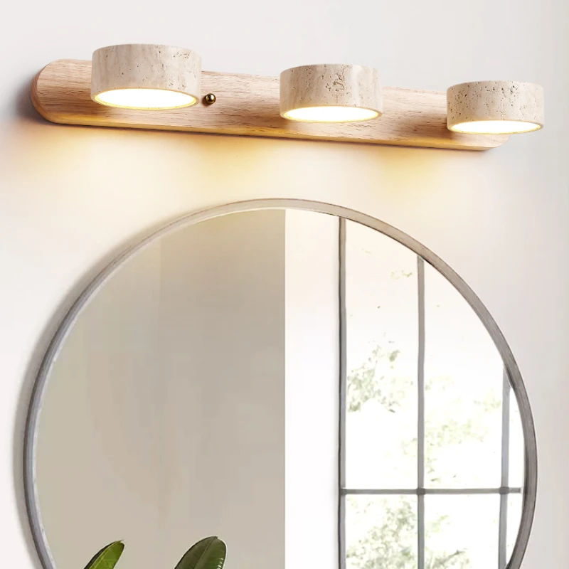 Washbasin Led Mirror Light For Bathroom With Stone Lampshade Japanese Vintage Minimalist Vanity Wall Sconce Lamp With Wood Body