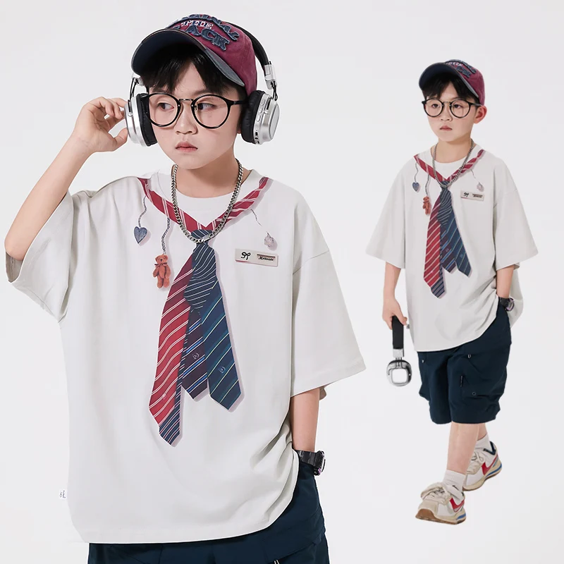 

Children Fashion Hip Hop Short Sleeve Dance T-shirt with Ties Print for Teen Boys Cotton Tshirt Clothing Kids Stylish Tee Tops