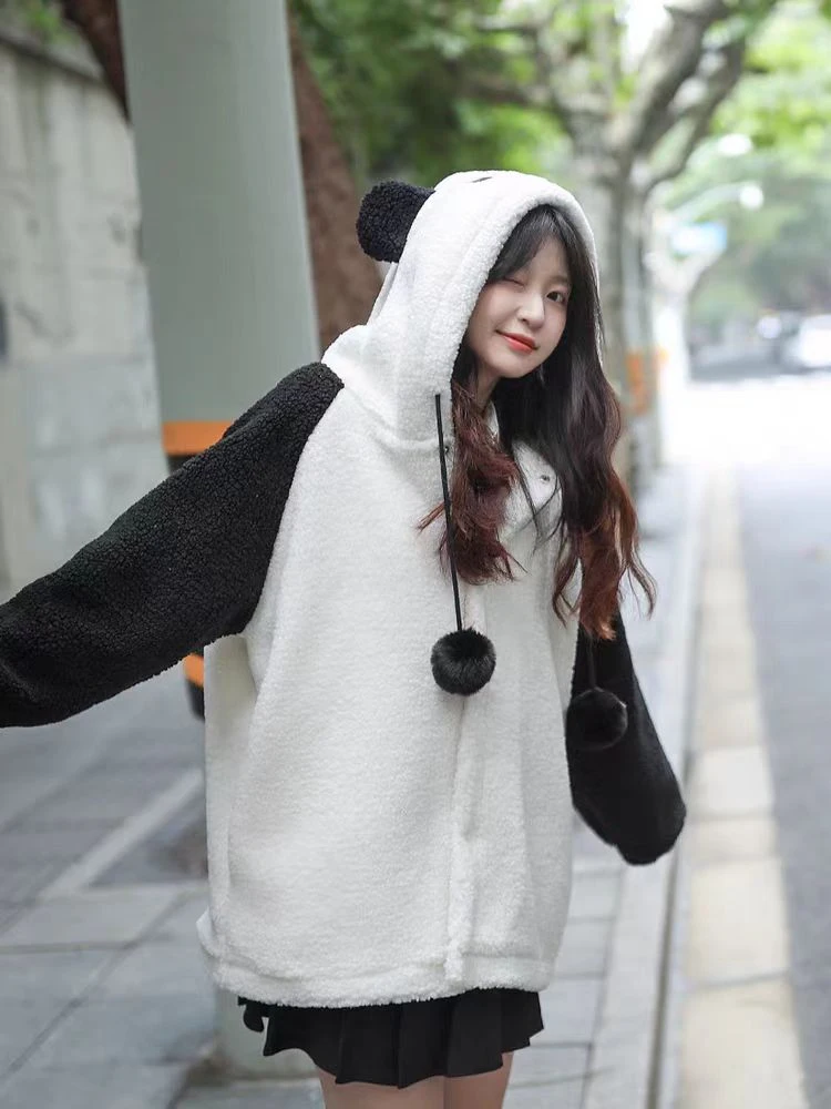 

Милая женская куртка из овечьей шерсти с капюшоном, свободного кроя, весенняя новинка, мягкая, модная, для повседневной носки, теплая