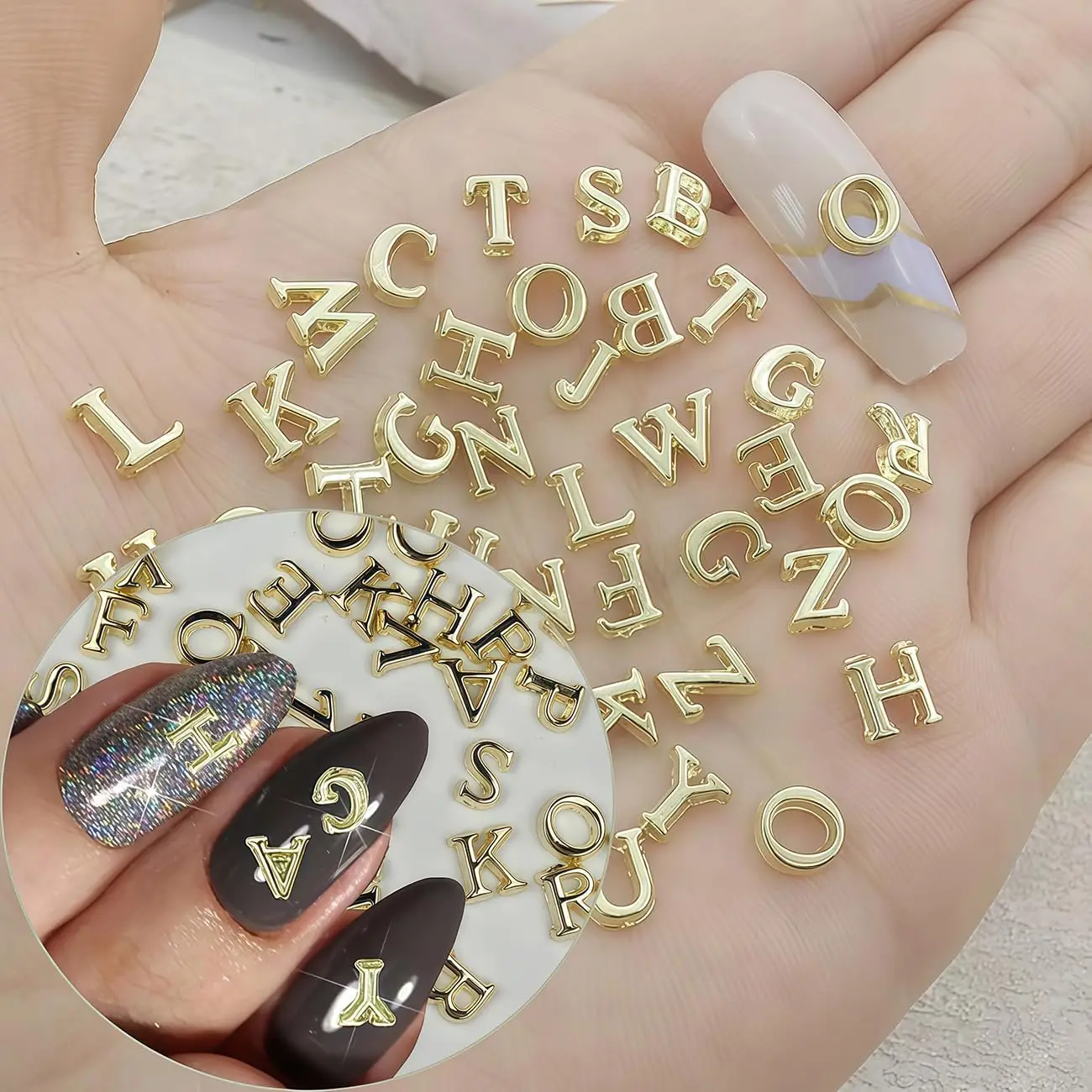 26 sztuk/zestaw Złote Srebrne Litery A-Z Ozdoby do Paznokci ze Stopu, Brokatowe Akcesoria do Manicure 3D, Dekoracje Alfabetu, Biżuteria do Paznokci DIY z Literami