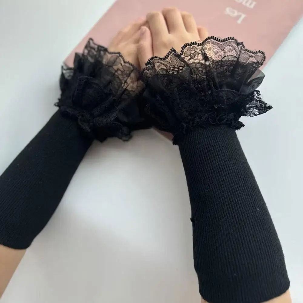 1 par de manoplas de hilo elástico, guantes de Otoño Invierno para mujer, puños de punto cálidos, mangas de encaje para brazos, decoración de moda, guantes largos de moda