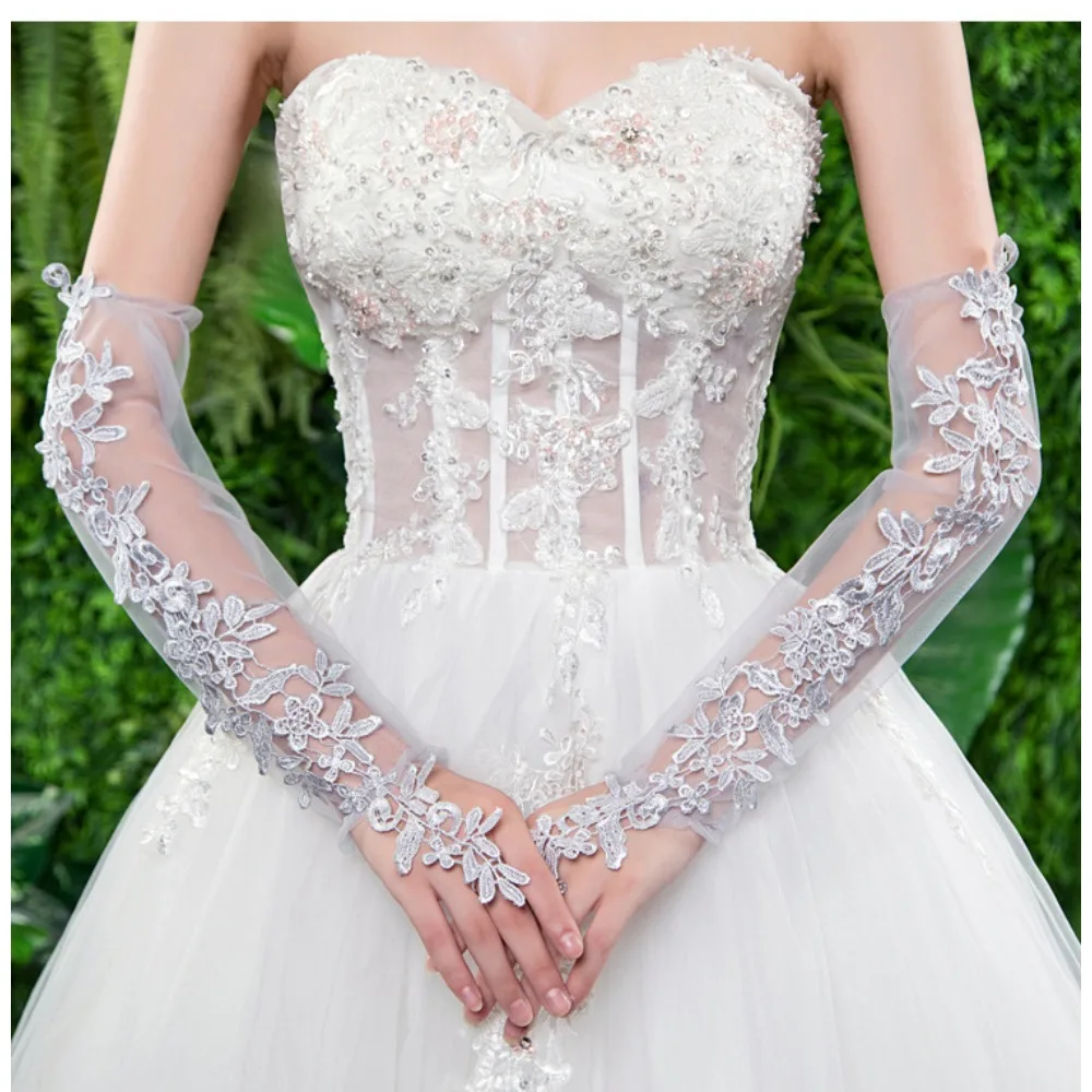 Bride Black Lace Party Gloves Mesh Sleeve Wedding Dress Halloween Long Finger-Exposed Elbow Transparent