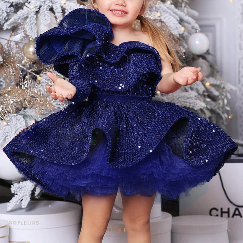 2-14 yrs Girls Dress christmas Birthday Party Wedding Baby one shoulder Sequins Princess tutu beauty pageant Girls Dresses