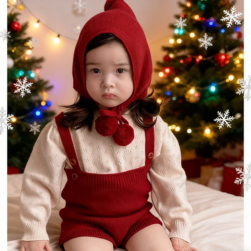 2025 New Autumn Christmas Toddler Baby Girls Clothing Sets Long Sleeved Knitted Sweater+Jumpsuit+Hat  New Year Clothes Suit #3