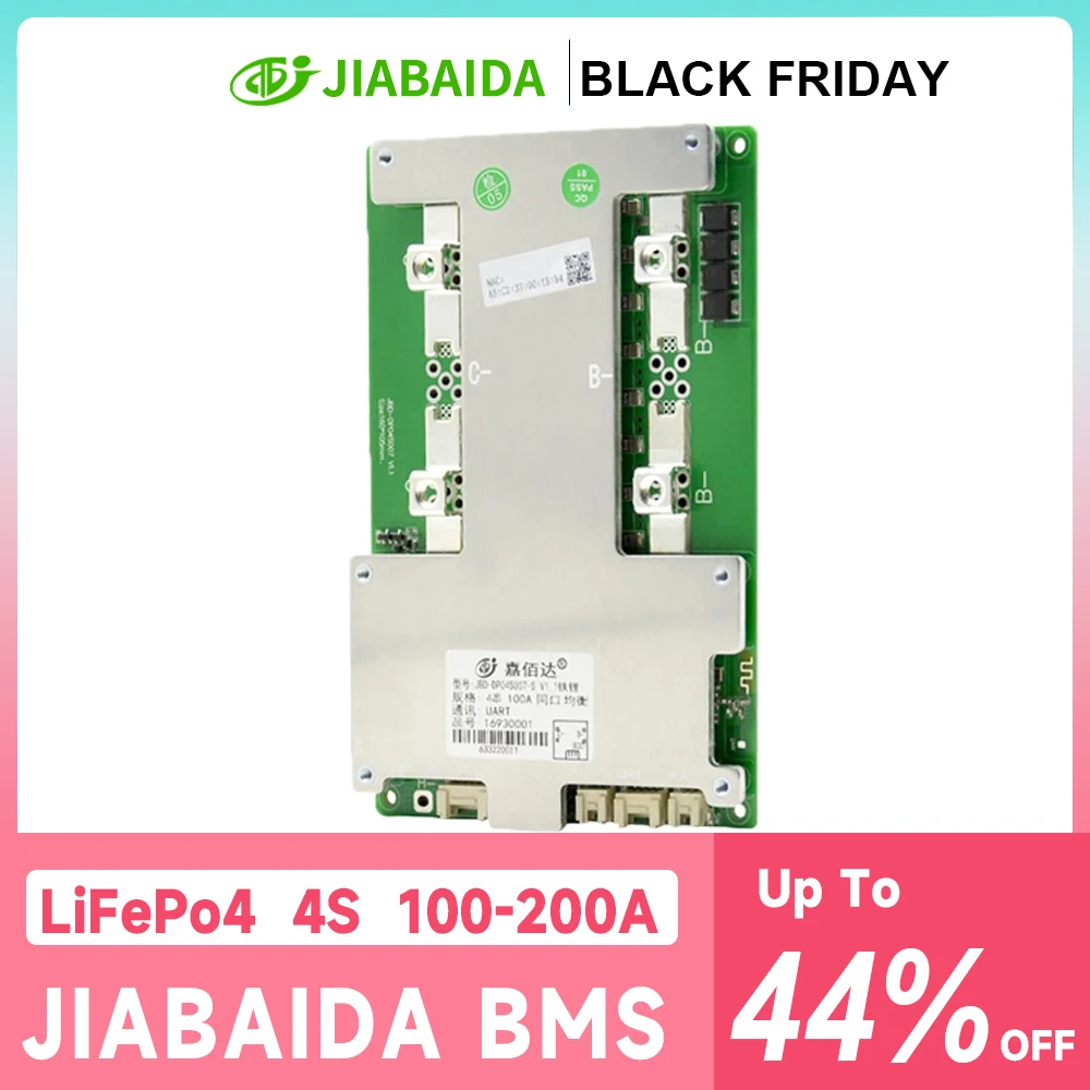 JIABAIDA Smart BMS LiFePo4 4S 12V Lithium Battery 80A 100A 150A 200A Charge Protect with UART Heating Series Connect 3S JBD BMS