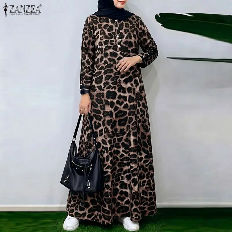 

ZANZEA Fashion Muslim Abaya Dress Leopard Print Maxi Long Dress Women O Neck Full Sleeve Ramadan Sundress Loose Robe Kaftan 2026