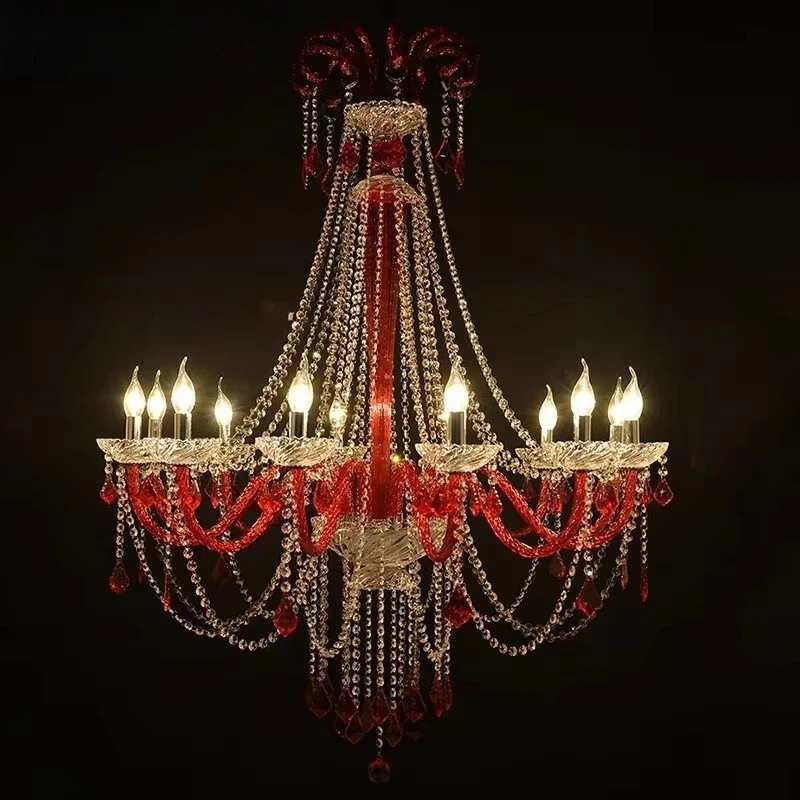 

European Style Crystal Pendent Lamp Red Candle Lamp Living Room Restaurant Villa Staircase Duplex Building Chandelier