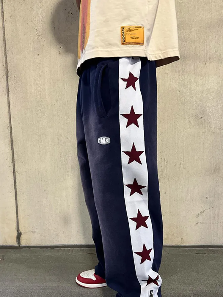 American Style Y2k Harajuku Retro Hip-hop Sports Pants Spring Autumn New Men's Star Print Zipper Splicing Loose Sweatpants