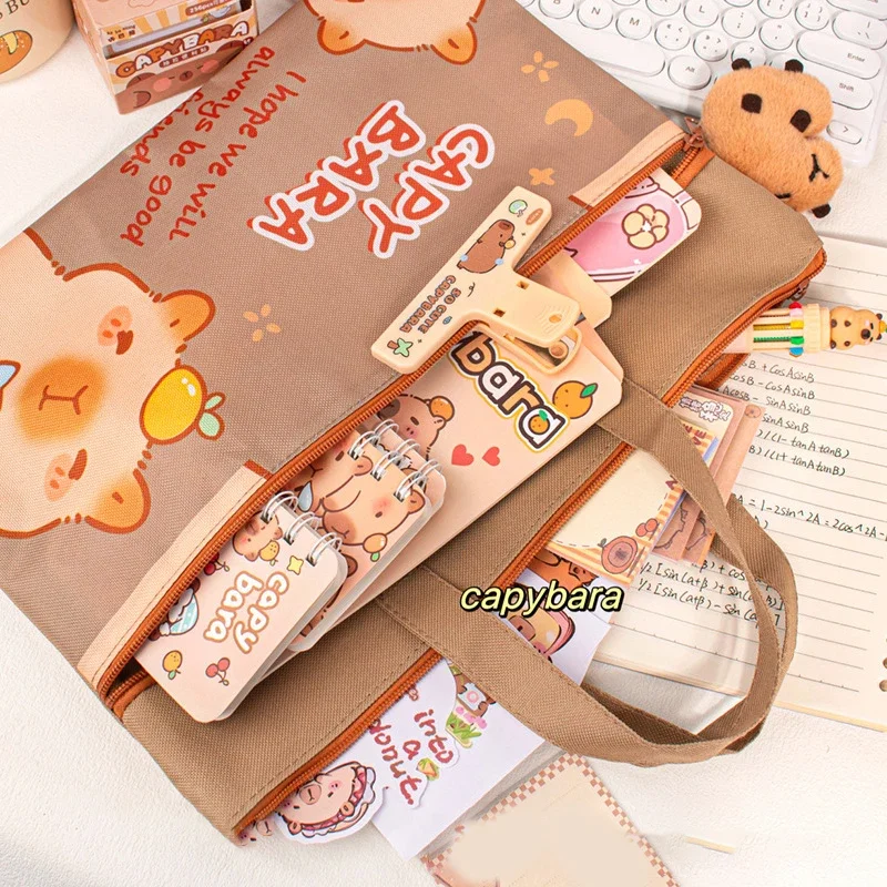 

Canvas Capybara Students Tutorial Bag Large-capacity With Zipper Tote School Packet School Office Supplies File Bag Student