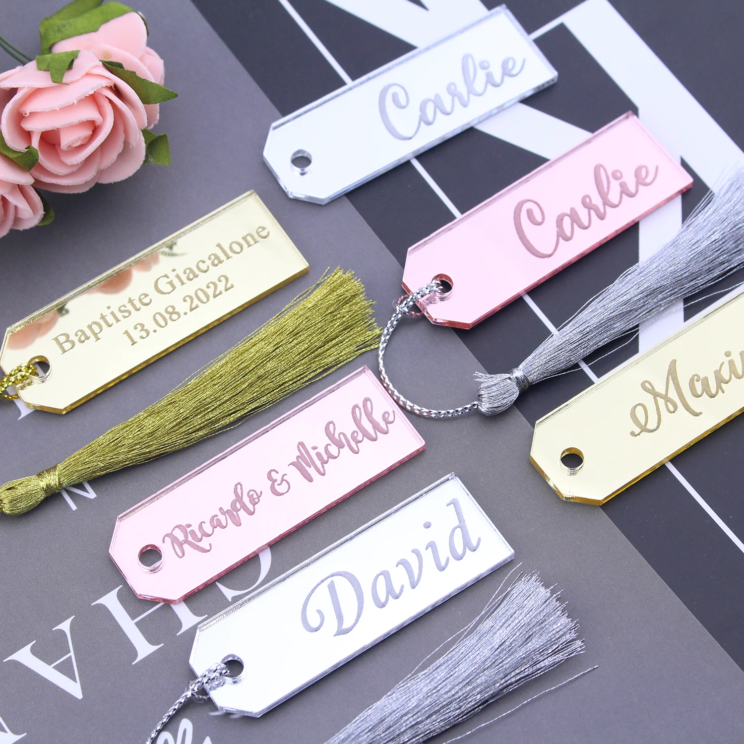 12/36/58Pcs Personalised Acrylic Place Cards - Includes a tassel Wedding Name Tags, Event Seating Customize with different names