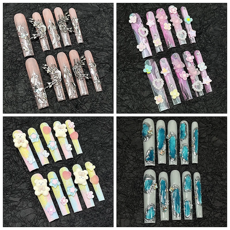 Handmade 3XL Long Press On Nails Y2K Cute Bear False Nail Tips  Acrylic Reusable 5cm Long Fake Nail With Glue Stick-on Nails