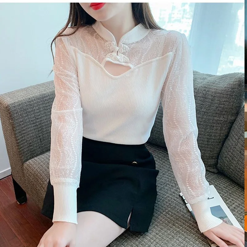 Spring Autumn Round Neck Fashion Long Sleeve Blouse Women Elegant Vintage Lace Patchwork Pullovers Casual Sheer All-match Tops