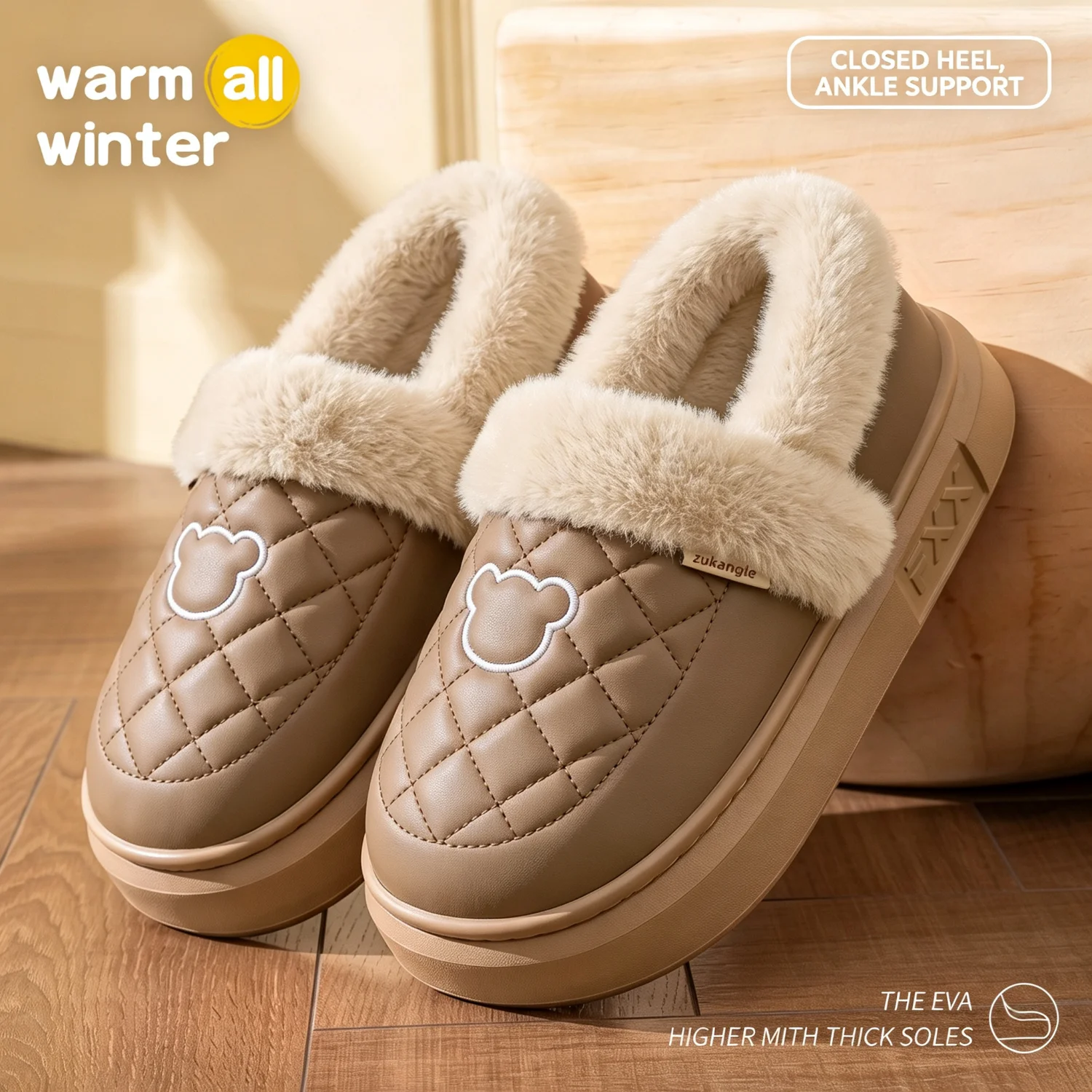Winter-Wasserdichte Hausschuhe für Damen und Herren, mit dicker Sohle, warmem Plüschfutter, Bärenstickerei, rutschfest, weich, elastisch, für den Innenbereich. – Detail 17