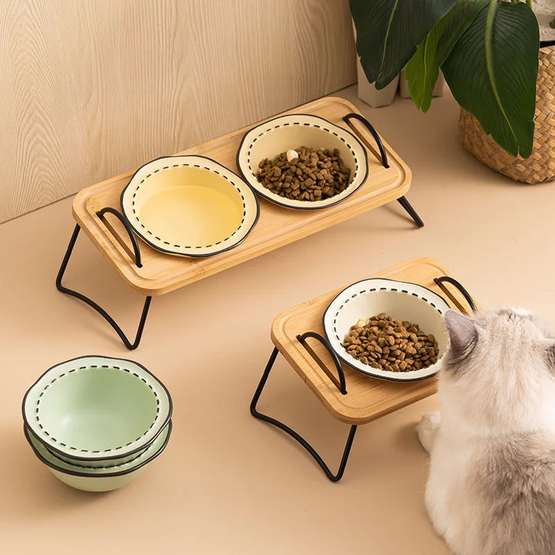 Ceramic Dog Bowl Cat Food Water Bowls with Wood Stand No Spill Large Feeder Dish for Dogs Cats Feeding Puppy Pet Supplies