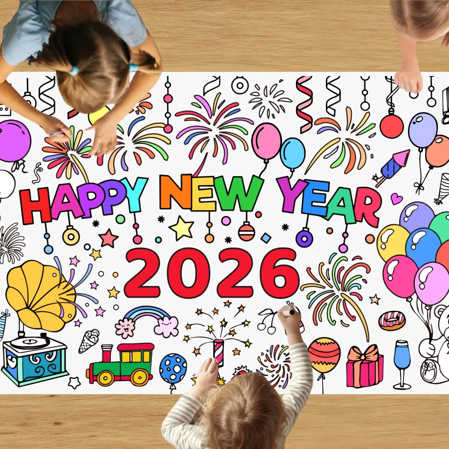 Giant Happy New Year Coloring Poster for Kids 2026 New Years Eve Giant Coloring Tablecloth Large Books Huge Sheet Page Table Cov