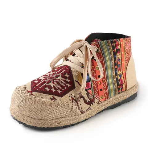 2025 Women Shoes Boho Cotton Linen Canvas Single National Woven Round Toe Lace Up Cloth Shoes Woman Flats Boots Size 35-44