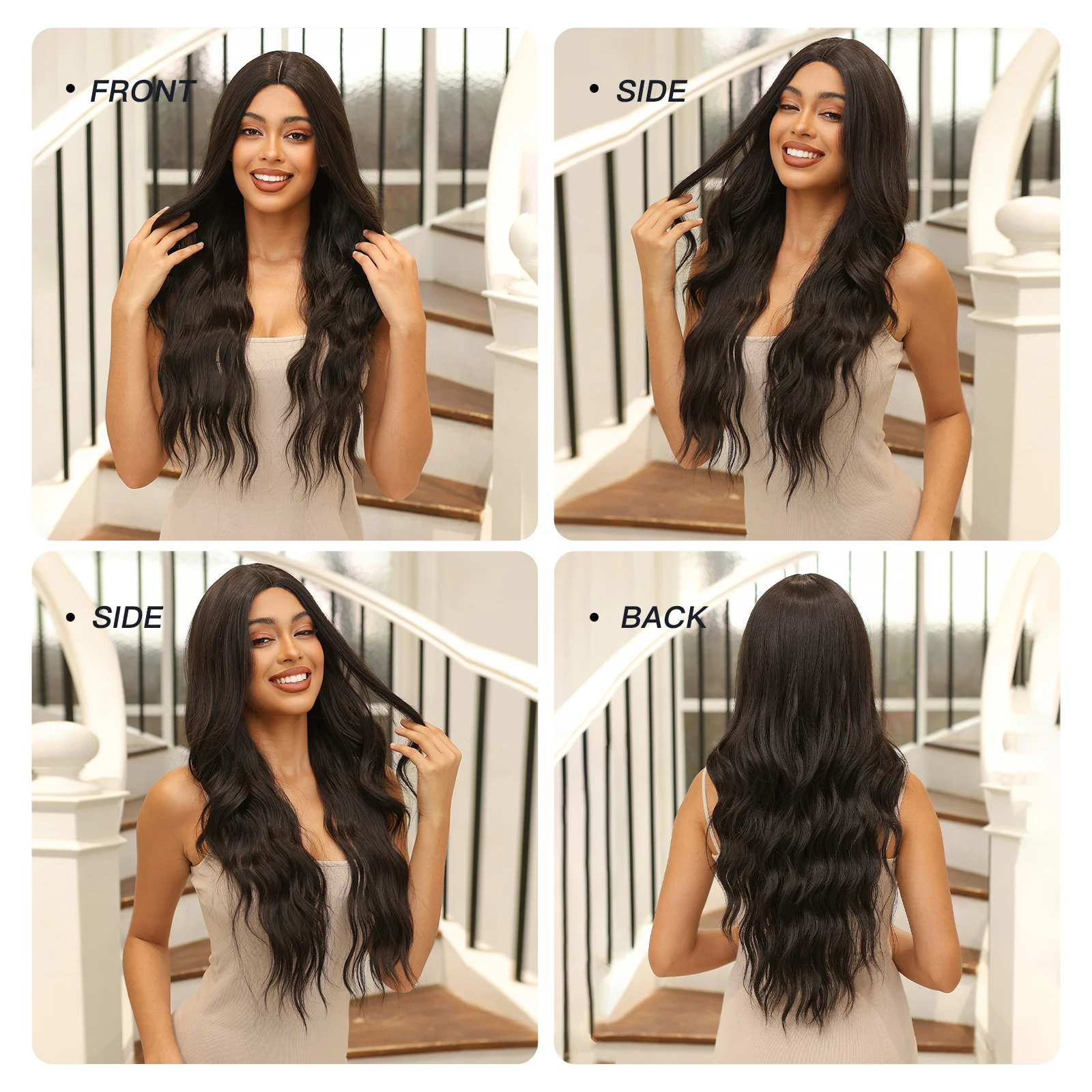 DWY Long Wavy Hairline Lace Synthetic Wigs Dark Black Natural Middle Part Wig For Women Daily Party Fake Hair Heat Resistant