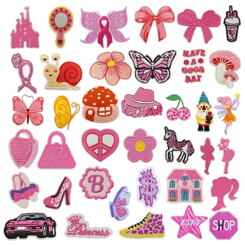 Embroidered Ironing Patch Mushroom Doll  Fairy Love Animal Cloth Pink Series Bow Butterfly Girl Sticker Badge  Iron on Patch