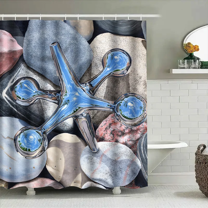 الحمام ديكور دش الستار نسيج مقاوم للماء طباعة شلال الأحجار ديكور المنزل الحديثة الأزرق الكروم تصفيح ثلاثية الأبعاد الطباعة با