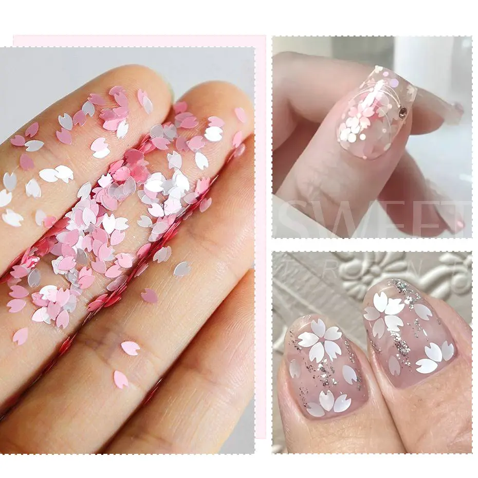 Sakura Flower Petals Nail Sequins White Pink Cherry Blossoms Glitter Flakes DIY Kawaii Manicure Paillette Nail Decoration BES128