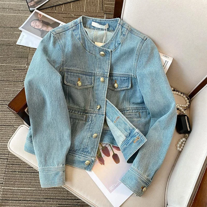 

Американский бренд: Женская джинсовая куртка с золотыми пуговицами, укороченная, весна-осень, премиум-класс, с воротником