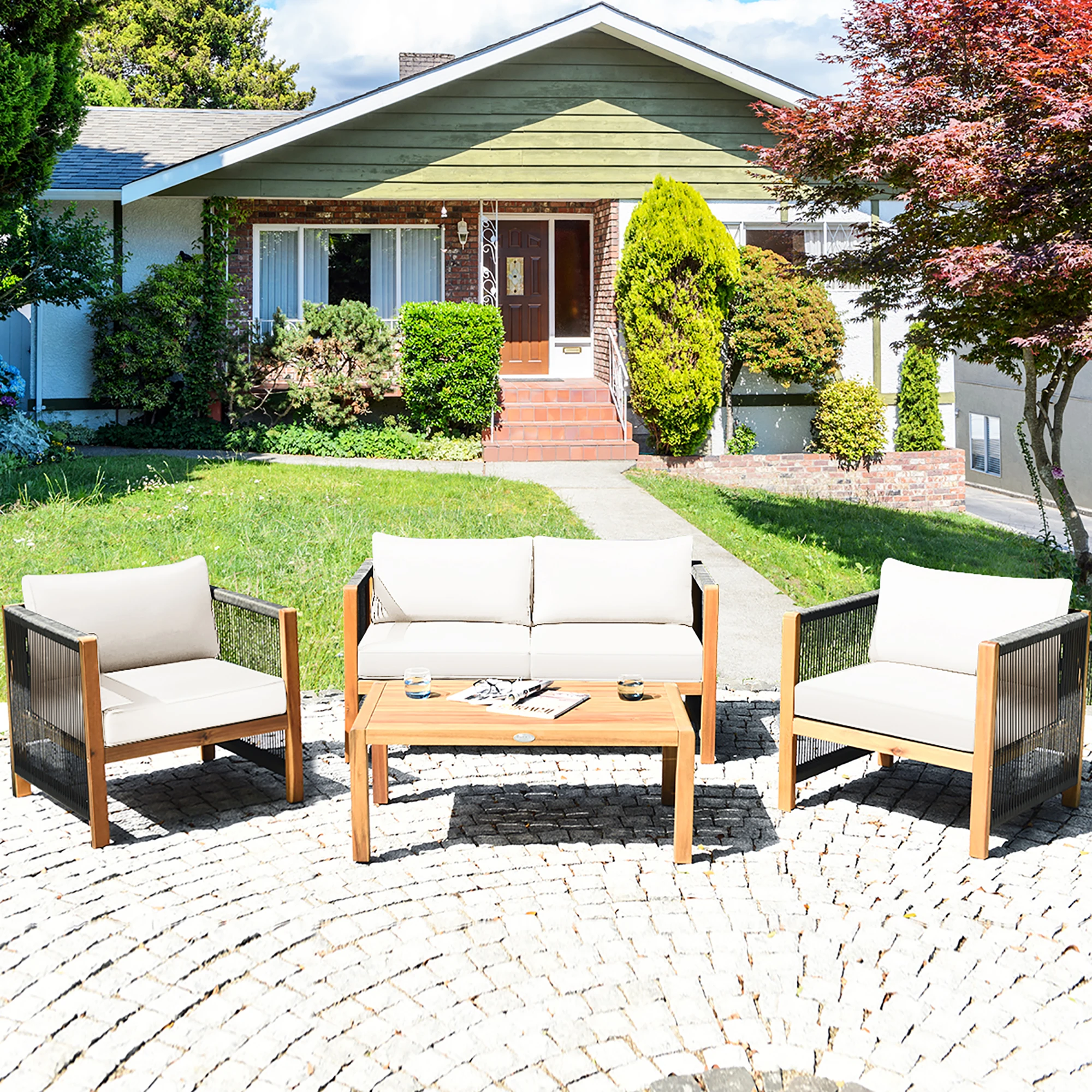 4PCS Wooden Patio Furniture Set CUS01hioned Sofa W/Rope Armrest White