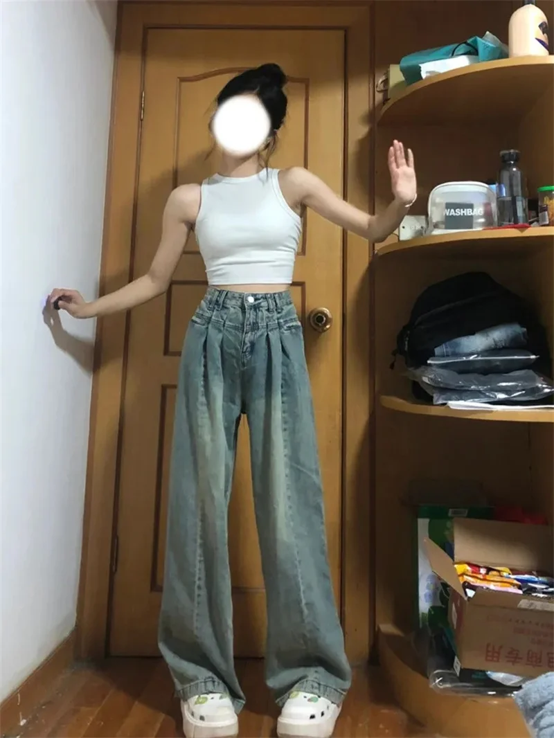 

Pleated Crotch Covering Commuter Jeans for Women's Spring/Summer New Korean Versatile Design High Waist Slim Wide Leg Pants